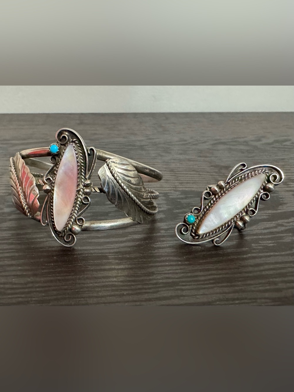 Vintage Sterling Silver Mother-of-Pearl and Turquoise Leaf Cuff & Ring Set
